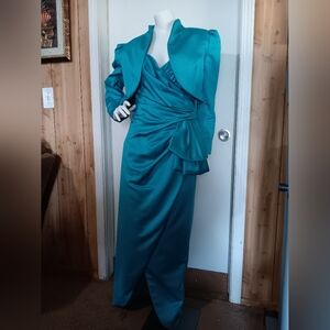 Victor Costa Elegant Strapless Teal Evening Gown with Jacket Size 5